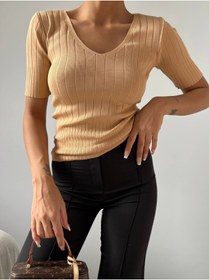 Resim Esram Butik Kadın Bej V Yaka Yazlık Triko Bluz T-shirt 