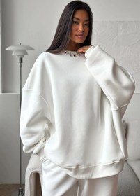 Resim GIA - ART Kadın Double Oversize Eşofman Takımı Basic Beyaz- Bisiklet Yaka, Lastikli Paça, 3 İplik Polar 