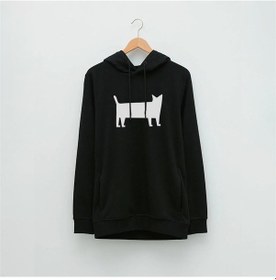Resim Beyaz Kedi Özel Tasarım Baskılı Kapüşonlu Sweatshirt Siyah 
