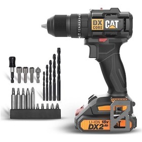 Resim Cat DX1010.1 18V 2.0AH Li-ion Çift Akülü Kömürsüz Profesyonel Şarjlı Darbeli Matkap + 20 Parça Delme Vidalama Uç Seti 