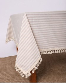 Resim Dnc Home Tekstil Bej Çizgili Keten Ponponlu Masa Örtüsü Bej 