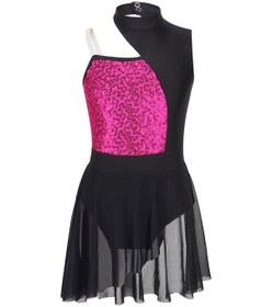 Resim Sıcak Pembe Kızlar Bale Jimnastik Leotard Elbise Parlak Payetler Kapalı Omuz Sahne Kostümleri İçin Lirik Dans Elbise Pembe 