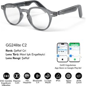 Resim GG24C2 Getd Bluetooth Kulaklıklı Akıllı Gözlük - 2'si 1 Arada Kablosuz Kulaklık + Gözlük | Müzik, Arama, AI Çeviri (Şeffaf) 
