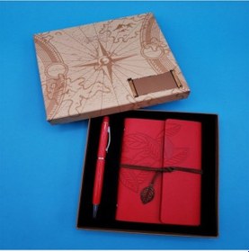 Resim Özel Tasarım Kutulu Kırmızı Deri Defter Ve Kırmızı Kalem Set 