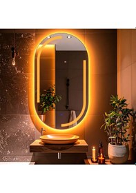 Resim Lunare Amber Led'li Lazer Kumlamalı Lavabo & Banyo Aynası Dokunmatik Sensörlü 70 X 40 Cm Turuncu 