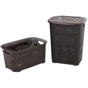 Resim Sağlam Plastik Dantel Kirli Çamaşır Sepeti- Çamaşır sepeti 2'li Set Kahverengi 