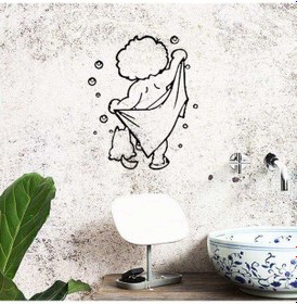 Resim Duştan Çıkan Çocuk Ve Kedi Silüeti Dekoratif Banyo Duvar Sticker, Çıkartma Beyaz Renkli 