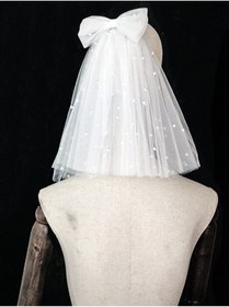Resim bbays new trend Çift Katlı Boncuklu Fiyonk Duvak - Gelin duvağı, Nikah, Duvağı,tül, Beyaz ,beyaz incili duvak 40cm 