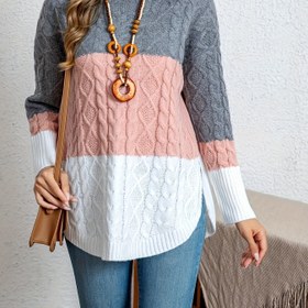 Resim Yeni Premium Bol Kesim Yuvarlak Yaka Renk Bloklu ve Eğimli Kenarlı Kazak 