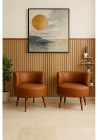 Resim Azra Mobilya Sydney 2 Adet Modern Berjer Tekli Koltuk Deri Kumaş Ahşap Ayak Ofis Ve Ev Kullanımı Taba Turuncu 