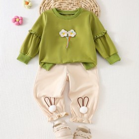 Resim İlkbahar/Sonbahar Kız Çiçek Nakışlı Yuvarlak Yaka Sweatshirt + Tavşan Kulaklı Nakışlı Pantolon Gezi Takımı, Bebek ve Çocuklar İçin Şık İki Parça Kıyafet, Açık Hava Aktiviteleri ve Günlük Kullanım İçin Uygun, Dış Mekan İçin Mükemmel 
