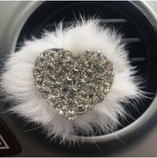 Resim Oto Aksesuarcım Kalpli Kristal Taşlı Havalandırma Klips Oto Kokusu Gümüş Beyaz Tüylü 