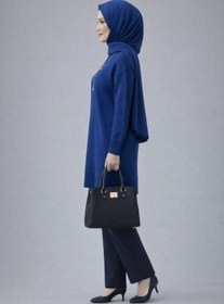 Resim ModaAzen Saks Mavi Bisiklet Yaka Oversize Kadın Triko Tunik 