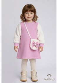 Resim Babyden's Bayramlık Şık Ve Rahat Kız Bebek Elbise Çantalı Yumuşak Peluş Kollu Kışlık Çocuk Kombini Pembe 