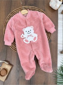 Resim Bebicix Peluş Ayıcık Nakışlı Patikli Çıtçıtlı Kışlık Erkek Bebek Tulum Pembe 