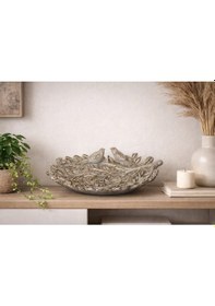 Resim Kuş Figürlü Dekoratif Tabak Obje Gümüş Eskitme Çok Renkli 
