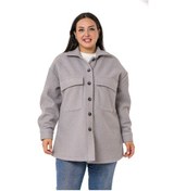 Resim Büyük Beden Göğüsten Büyük Cepli Yırtmaçlı Buklet Gri Gömlek 