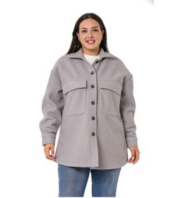 Resim Büyük Beden Göğüsten Büyük Cepli Yırtmaçlı Buklet Gri Gömlek 