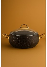 Resim Yunusoğlu Home Granit Tencere 24 Cm 4.5 Litre, Gold Kulplu, Yanmaz Yapışmaz, Cam Kapaklı Siyah 