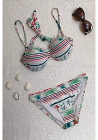Resim Dagi Straplez Destekli Push-Up Desenli Beyaz Bikini Takımı-Beyaz-42 