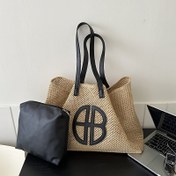 Resim Etnik esintili büyük kapasiteli tote çanta, "BB" monogramı ile - Şık siyah ve bej iki katmanlı omuz çantası, dayanıklı kumaş, kapaksız, polyester astar, seyahat veya günlük kullanım için ideal, seyahat gereçleri çantası | Etnik esinlenmeli tasarım | Dayanıklı saplı çanta, tote çanta 