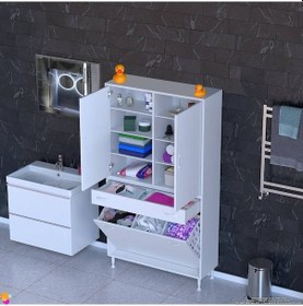 Resim Modilayn Yeni Afra 100x173x32,5 Cm' Lik 1 Çekmece, 3 Göz Sepet, 2 Kapak, 8 Raf Dar Alan Banyo Dolabı Beyaz 