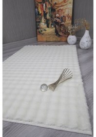 Resim Dekoratif Bubble Uzun Tüylü Yumuşak Puffy Peluş Kaymaz Yıkanabilir Salon Koridor Halı Yolluk Krem 