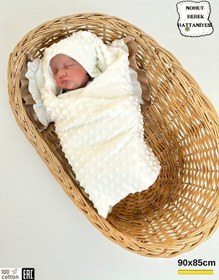 Resim Nohut Kız / Erkek Bebek Battaniyesi Kundağı Çift Katlı %100 Pamuklu Çok Amaçlı Örtü 90x85cm Ekru 