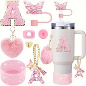 Resim 8 adet Bardak Aksesuarı Bardak 30oz 40oz İçerir Kelebek Pipet Kapak Silikon Bot Alfabe Kolu Şans İlk Harfler Sticker 2 adet Sızdırmazlık Stopper Kalp saç tokası Aşk Peluş Top, En İyi Noel, En Mükemmel Şükran Günü 