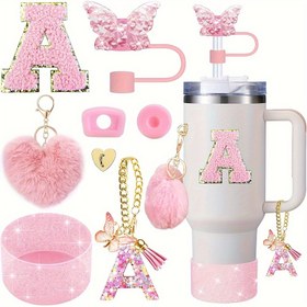 Resim 8 adet Bardak Aksesuarı Bardak 30oz 40oz İçerir Kelebek Pipet Kapak Silikon Bot Alfabe Kolu Şans İlk Harfler Sticker 2 adet Sızdırmazlık Stopper Kalp saç tokası Aşk Peluş Top, En İyi Noel, En Mükemmel Şükran Günü 