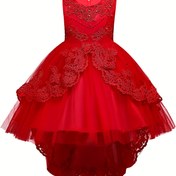 Resim Kızlar İçin Prenses Parti Elbisesi - Çiçek Desenli Ön, Resmi Düğün ve Doğum Günü Kıyafeti - Zengin Kırmızı Renk, Akıcı Tüyler - Esnek Olmayan Kumaş - Bebekten Genç Kızlara Uygun - Sadece Elde Yıkama, Fotoğraf Çekimi Kıyafeti, Vücuda Oturan Göğüs Parçası, Katmanlı Fırfır Detayları, Kolsuz Elbise, Çocuk Formal Giyim 
