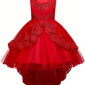 Resim Kızlar İçin Prenses Parti Elbisesi - Çiçek Desenli Ön, Resmi Düğün ve Doğum Günü Kıyafeti - Zengin Kırmızı Renk, Akıcı Tüyler - Esnek Olmayan Kumaş - Bebekten Genç Kızlara Uygun - Sadece Elde Yıkama, Fotoğraf Çekimi Kıyafeti, Vücuda Oturan Göğüs Parçası, Katmanlı Fırfır Detayları, Kolsuz Elbise, Çocuk Formal Giyim 