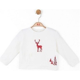 Resim Nk Kids Kız Çocuk Parlak Kırmızı Geyik Desenli Sweatshirt-13488 Ekru 