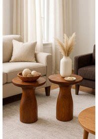 Resim Modern Tarz Masif Ahşap Sehpa Seti 2 Li Fındık Renk Yan Zigon Kahverengi 