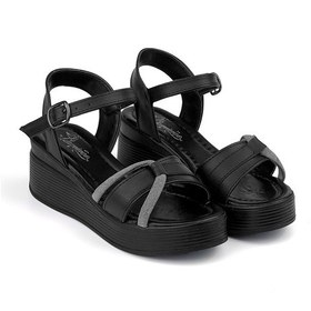 Resim Kadın Siyah Tokalı Taşlı Dolgu Topuklu Sandalet 6 Cm Rahat Yüksek Topuklu Flgs28 Siyah 