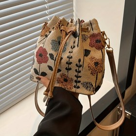 Resim Şık Çiçek Desenli Kova Çanta ve İpli Kapatma - Kadınlar için Çok Yönlü Çapraz Çanta, Beyaz PU Malzeme ve Polyester Astar 