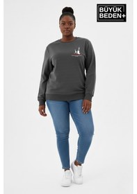 Resim Süperlife Kadın Büyük Beden Yelken Baskılı Bisiklet Yaka İnce Sweatshirt Spr26bswk956-11 Füme 