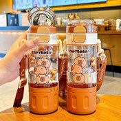 Resim Sevimli Kapibara Karikatürü BPA İçermeyen Plastik Su Şişesi Pipet ve Ayarlanabilir Omuz Askısı ile - Taşınabilir, Dayanıklı ve Öğrenciler, Yaz İçecekleri ve Seyahat için Mükemmel, Seyahat İçecekleri | Taşınabilir Bardak | Şeffaf Gövde, Sevimli Su Şişesi 