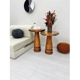 Resim Ahşap 2'li Set Mantar Yan Sehpa Modern Açık Ceviz Fiskos Zigon Çiçeklik 