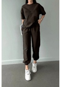 Resim Basic T-shirt Eşofman Altı Jogger - Kahverengi Düz Alt Üst Eşofman Takımı Oversize Bisiklet Yaka Kahve 