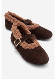 Resim Luvishoes Luvi Shoes Guın Kahverengi Süet Hakiki Deri Peluş Detaylı Kemerli Kadın Babet Ayakkabı Kahverengi 