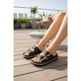Resim Moda Fiesta Kadın Siyah Çift Tokalı Dolgu Taban Rahat Günlük Terlik 