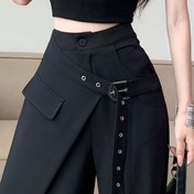 Resim Kadınların Şık Düz Renkli Asimetrik Geniş Paça Pantolonları - Düğme Kapatmalı Rahat Şık Pantolonlar, İlkbahar Yaz Sonbahar için Normal Kesim, Sadece Elde Yıkama 