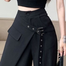 Resim Kadınların Şık Düz Renkli Asimetrik Geniş Paça Pantolonları - Düğme Kapatmalı Rahat Şık Pantolonlar, İlkbahar Yaz Sonbahar için Normal Kesim, Sadece Elde Yıkama 