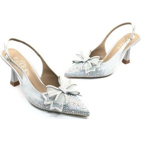 Resim Feles Saten Kurdela Taş Detaylı Arkası Açık Stiletto Kadın Topuklu Ayakkabı GÜMÜŞ 