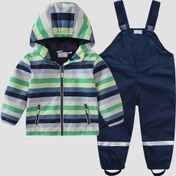 Resim Erkek Çocuk Hafif Yeşil Çizgili Kapüşonlu Ceket Fermuarlı ve Lacivert Yağmurluk Pantolon Takımı - Rüzgar Geçirmez, Polyester, İlkbahar/Sonbahar için İdeal, Koruyucu Yağmur Takımı | Gevşek Kesim Giysiler | Dayanıklı Gençler Takımı, Dış Mekanlar için Mükemmel 