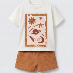 Resim Magu Unisex Bebek Pamuklu Ekru Uzay Temalı Tişört Şort Takım Çok Renkli 