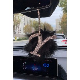 Resim Swarovski Gümüş Taşlı Dikiz Ayna Kolye Süsü Siyah Tüylü Y Harfi 