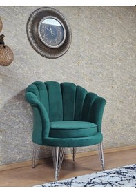 Resim Zafir Tekli İstiridye Krom Kaplama Telli Ayak Çay Seti Koltuk Tekli Berjer , Balkon, Salon, Ofis Yeşil 