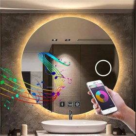 Resim 70 cm Bluetoothlu Makyaj Aynalı Buğu Yapmayan Ledli Yuvarlak Banyo Aynası 